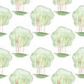 Seamless pattern with hand-drawn watercolor shrub with lush green foliage on white.