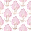 Seamless pattern with hand-drawn watercolor shrub with lush pink foliage and grass on white.