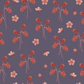 Seamless pattern with hand drawn watercolor strawberries and flowers on a purple background. Royalty Free Stock Photo