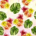 Seamless pattern - Hand drawn watercolor tropical flowers on ombree background Royalty Free Stock Photo