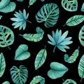 Seamless pattern with hand-drawn watercolor tropical leaves