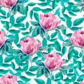 Seamless pattern with hand drawn watercolor wild rose blossom and leaves can be used for textile prinring, wallpaper, background