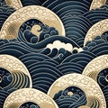 Seamless pattern with hand drawn waves and clouds. Vector illustration Royalty Free Stock Photo