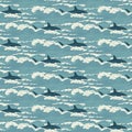 Seamless pattern with hand-drawn waves and sharks Royalty Free Stock Photo