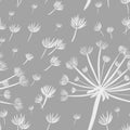Seamless pattern with hand-drawn white dandelions on gray background. Packaging, wallpaper, textile, kitchen, utensil, fashion des