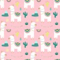 Seamless pattern of hand-drawn white llamas or alpacas, cacti, mountains, sun, garlands on a pink background. Illustration for chi