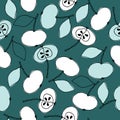 Seamless pattern with hand drawn whole apples and apple halves in green color palette