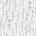 Seamless pattern with hand drawn wild flowers silhouette. Gray background with blossoming outline flowers.