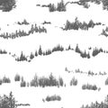 Seamless pattern with hand drawn woodland trees and shrubs growing on hills or mountains. Backdrop in black and white