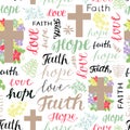 Seamless pattern with words Faith, Hope, Love and cross