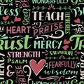 Seamless pattern with hand drawn words Mercy, Trust, Salvation, Wisdom, Psalm, Praise