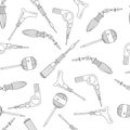 Seamless pattern with hand drawn work tools. Collection of handmade cartoon tools with various sketch elements of a mechanical