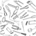 Seamless pattern with hand drawn work tools. Hand tools collection. Handmade cartoon of various sketch elements: hammer, saw, Royalty Free Stock Photo