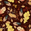 Seamless pattern with hand-drawn yellow autumn oak leaves, acorns, berries, spotted feathers on a brown background Royalty Free Stock Photo