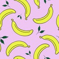 Seamless pattern with hand drawn yellow bananas and green leaves on pink background. Royalty Free Stock Photo