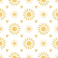 Seamless pattern cute hand drawn yellow doodle suns on white background Summer illustration