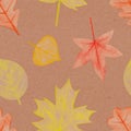 Seamless pattern with hand drawn yellow, red, maple, oak leaves with a rough texture