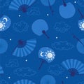Seamless pattern with hand fans in blue colors. Vector graphics
