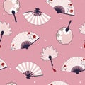 Seamless pattern with hand fans in pink colors. Vector graphics