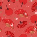 Seamless pattern with hand fans in red colors. Vector graphics