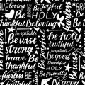 Seamless pattern with hand lettering words Be holy, strong, brave, joyful, fearless, good.