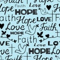 Seamless pattern with hand lettering words Faith, hope and love with cross and hearts. Royalty Free Stock Photo