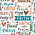 Seamless pattern with hand lettering words Faith, Trust, psalm, Pray