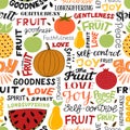 Seamless pattern with hand lettering words Fruit, Spirit, Love, Joy, Peace. Royalty Free Stock Photo