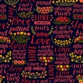 Seamless pattern with hand lettering words Love, patient, kind, always hopes, trusts, never fails.