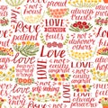 Seamless pattern with hand lettering words Love, patient, kind, always hopes, trusts, never fails. Royalty Free Stock Photo