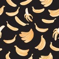 Seamless pattern with hand painted banana on black background.