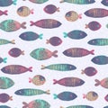 Seamless pattern with hand painted fishes. Colorful watercolor background for fabric, wallpapers, gift wrapping paper, scrapbookin