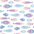 Seamless pattern with hand painted fishes. Colorful watercolor background for fabric, wallpapers, gift wrapping paper, scrapbookin
