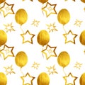 Seamless pattern with hand-painted golden pearly balloons and stars on white background