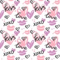 Seamless pattern with hand painted hearts, kisses and words; love, kiss, xoxo. Royalty Free Stock Photo