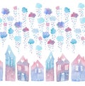 Seamless pattern with hand painted houses and clouds with falling raindrops. Colorful watercolor illustration isolated on white ba