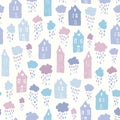 Seamless pattern with hand painted houses and rainy clouds
