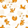 Seamless pattern with hand painted Orange Cats in different poses Royalty Free Stock Photo