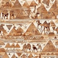 seamless pattern of hand painted stylized egyptian camels and pyramids in papyrus style Royalty Free Stock Photo