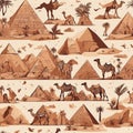 seamless pattern of hand painted stylized egyptian camels and pyramids in papyrus style Royalty Free Stock Photo