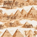 seamless pattern of hand painted stylized egyptian camels and pyramids in papyrus style Royalty Free Stock Photo