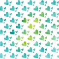 Seamless pattern of hand-painted turquoise watercolor hearts in repetition