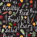 Seamless pattern with hand painted vegetables and salad related text Royalty Free Stock Photo