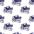 Seamless pattern hand painted in watercolor octopus, ocean animals isolated on white background. Cute cartoon underwater