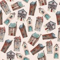 Pattern with watercolor old houses