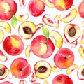 Seamless pattern with hand painted watercolor peaches