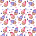 Seamless pattern with hand painted watercolor sweet cupcake and berries. Print, package design, wrapping, textile