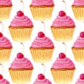 Seamless pattern with hand painted watercolor sweet cupcake and cherry. Vector background with pink colorful cakes. Print, package