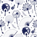 Seamless pattern with hand paper Asian fans on a white background. Vector graphics