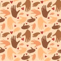 Seamless pattern with hand prints of the whole family with hearts. Interracial family dad, mom and two kids. Suitable Royalty Free Stock Photo